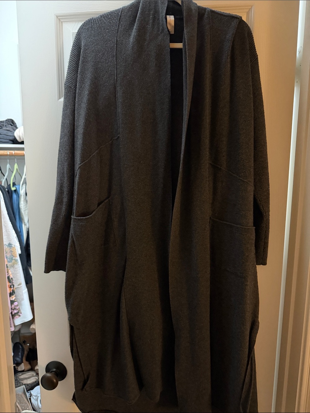 Open-Front Long Knit Cardigan Coatigan in Charcoal